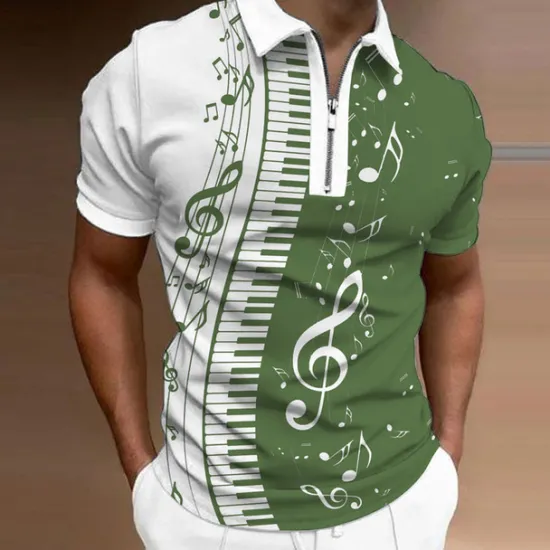 Online OUKU Music Festival Men's Music Zip Polo Shirts Golf Shirt Short Sleeve Polo Shirts Collared Shirts Casual Vacation Wear Festival Wear Party Outfits 3D Print Quarter Zip Polo Black White Blue
