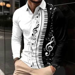 New OUKU Music Festival Men's Music Polo Shirts Golf Polos Shirts Long Sleeve Polo Shirts Collar Casual Vacation Party Evening Wear Dailywear Buttons 3D Print Spring Fall Black And White