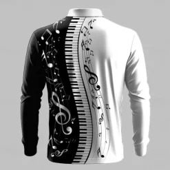 New OUKU Music Festival Men's Music Polo Shirts Golf Polos Shirts Long Sleeve Polo Shirts Collar Casual Vacation Party Evening Wear Dailywear Buttons 3D Print Spring Fall Black And White