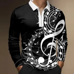 Outlet OUKU Music Festival Men's Music Zip Polo Shirts Golf Shirt Long Sleeve Polo Shirts Collared Shirts Casual Vacation Wear Festival Wear Party Outfits 3D Print Quarter Zip Polo Black White Wine