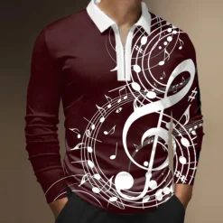 Outlet OUKU Music Festival Men's Music Zip Polo Shirts Golf Shirt Long Sleeve Polo Shirts Collared Shirts Casual Vacation Wear Festival Wear Party Outfits 3D Print Quarter Zip Polo Black White Wine