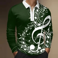 Outlet OUKU Music Festival Men's Music Zip Polo Shirts Golf Shirt Long Sleeve Polo Shirts Collared Shirts Casual Vacation Wear Festival Wear Party Outfits 3D Print Quarter Zip Polo Black White Wine