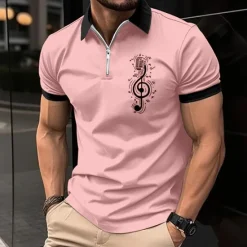 New OUKU Music Festival Men's Music Zip Polo Shirts Golf Shirt Short Sleeve Polo Shirts Collared Shirts Casual Vacation Wear Festival Wear Party Outfits 3D Print Quarter Zip Polo White Pink Blue