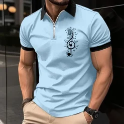 New OUKU Music Festival Men's Music Zip Polo Shirts Golf Shirt Short Sleeve Polo Shirts Collared Shirts Casual Vacation Wear Festival Wear Party Outfits 3D Print Quarter Zip Polo White Pink Blue