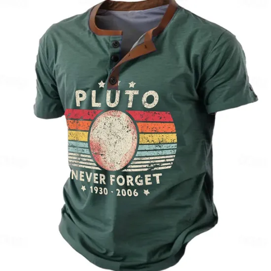 Best OUKU Never Forget Pluto Men's Retro Vintage 3D Print T shirt Tee Henley Shirt Sports Outdoor Casual Daily T shirt Navy Blue Brown Green Short Sleeve Henley Shirt Spring & Summer Clothing Apparel