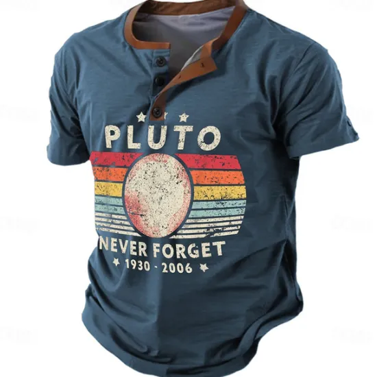 Best OUKU Never Forget Pluto Men's Retro Vintage 3D Print T shirt Tee Henley Shirt Sports Outdoor Casual Daily T shirt Navy Blue Brown Green Short Sleeve Henley Shirt Spring & Summer Clothing Apparel