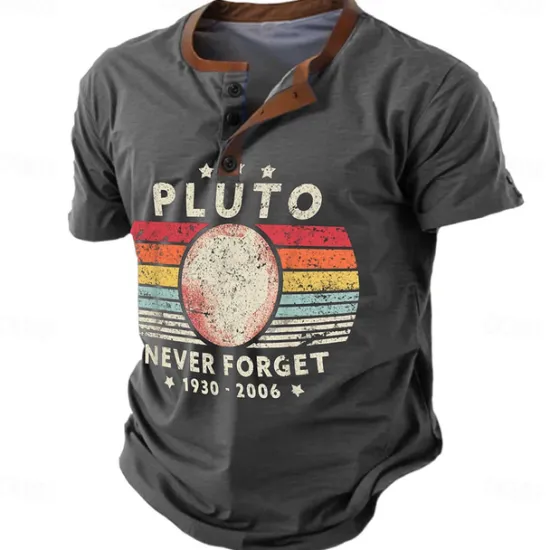 Best OUKU Never Forget Pluto Men's Retro Vintage 3D Print T shirt Tee Henley Shirt Sports Outdoor Casual Daily T shirt Navy Blue Brown Green Short Sleeve Henley Shirt Spring & Summer Clothing Apparel