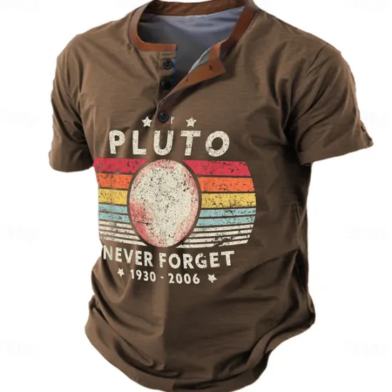 Best OUKU Never Forget Pluto Men's Retro Vintage 3D Print T shirt Tee Henley Shirt Sports Outdoor Casual Daily T shirt Navy Blue Brown Green Short Sleeve Henley Shirt Spring & Summer Clothing Apparel