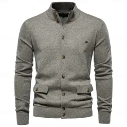 Best OUKU New Mens Knit Stand Mock Neck Cotton Cardigan Casual Social Autumn Button-up Sweater Jacket for Men
