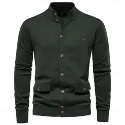Best OUKU New Mens Knit Stand Mock Neck Cotton Cardigan Casual Social Autumn Button-up Sweater Jacket for Men
