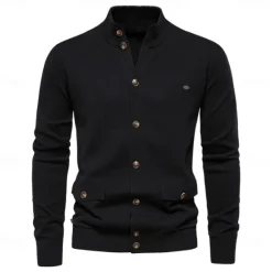 Best OUKU New Mens Knit Stand Mock Neck Cotton Cardigan Casual Social Autumn Button-up Sweater Jacket for Men
