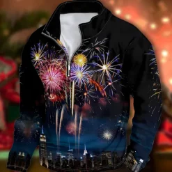 New OUKU New Year Men's Graphic Happy New Year Hoodies Quarter Zip Sweatshirt Long Sleeve Sweatshirt Stand Collar Daily Casual Vintage Retro 3D Print Vacation Going out Streetwear Print Spring & Fall Black
