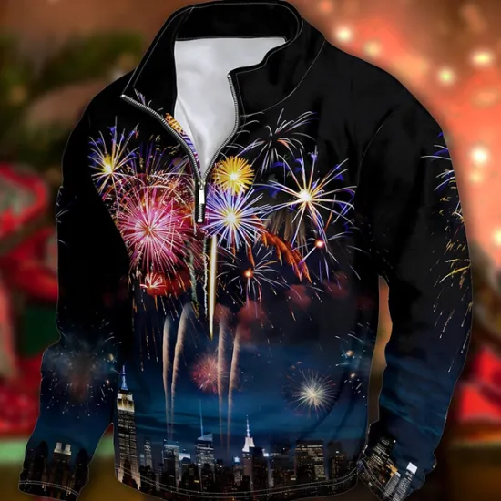 New OUKU New Year Men's Graphic Happy New Year Hoodies Quarter Zip Sweatshirt Long Sleeve Sweatshirt Stand Collar Daily Casual Vintage Retro 3D Print Vacation Going out Streetwear Print Spring & Fall Black