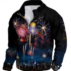 New OUKU New Year Men's Graphic Happy New Year Hoodies Quarter Zip Sweatshirt Long Sleeve Sweatshirt Stand Collar Daily Casual Vintage Retro 3D Print Vacation Going out Streetwear Print Spring & Fall Black