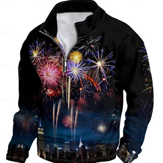 New OUKU New Year Men's Graphic Happy New Year Hoodies Quarter Zip Sweatshirt Long Sleeve Sweatshirt Stand Collar Daily Casual Vintage Retro 3D Print Vacation Going out Streetwear Print Spring & Fall Black