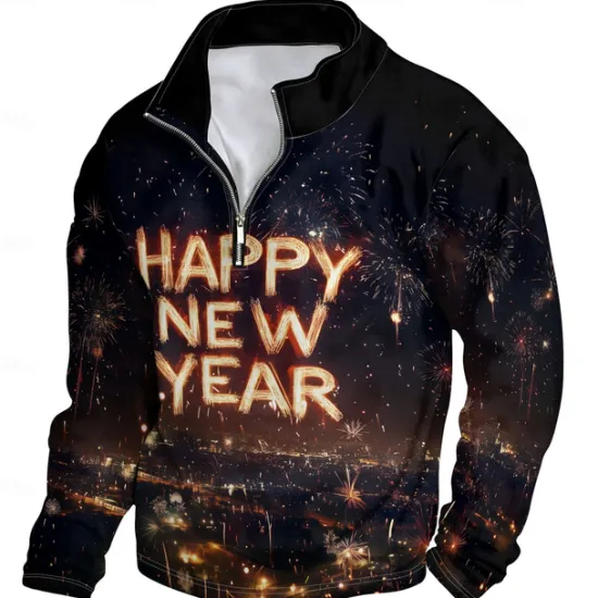 Clearance OUKU New Year Men's Graphic Happy New Year Hoodies Daily Casual Long Sleeve Stand Collar Vacation New Year Going out Print Winter Spring & Fall Designer Black