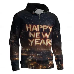 Clearance OUKU New Year Men's Graphic Happy New Year Hoodies Daily Casual Long Sleeve Stand Collar Vacation New Year Going out Print Winter Spring & Fall Designer Black