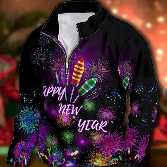 OUKU New Year Men's Graphic Happy New Year Hoodies Daily Casual Long Sleeve Stand Collar Vacation Going out Streetwear Print Spring & Fall Designer Black