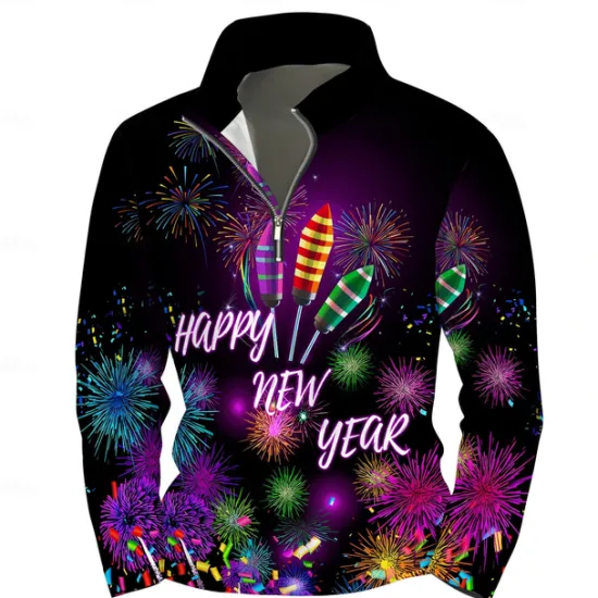 OUKU New Year Men's Graphic Happy New Year Hoodies Daily Casual Long Sleeve Stand Collar Vacation Going out Streetwear Print Spring & Fall Designer Black