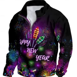 OUKU New Year Men's Graphic Happy New Year Hoodies Daily Casual Long Sleeve Stand Collar Vacation Going out Streetwear Print Spring & Fall Designer Black