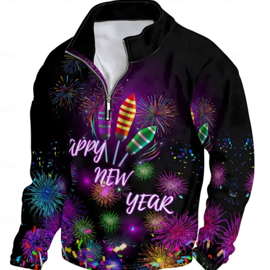 OUKU New Year Men's Graphic Happy New Year Hoodies Daily Casual Long Sleeve Stand Collar Vacation Going out Streetwear Print Spring & Fall Designer Black