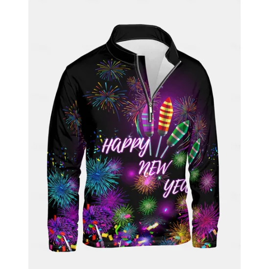 OUKU New Year Men's Graphic Happy New Year Hoodies Daily Casual Long Sleeve Stand Collar Vacation Going out Streetwear Print Spring & Fall Designer Black