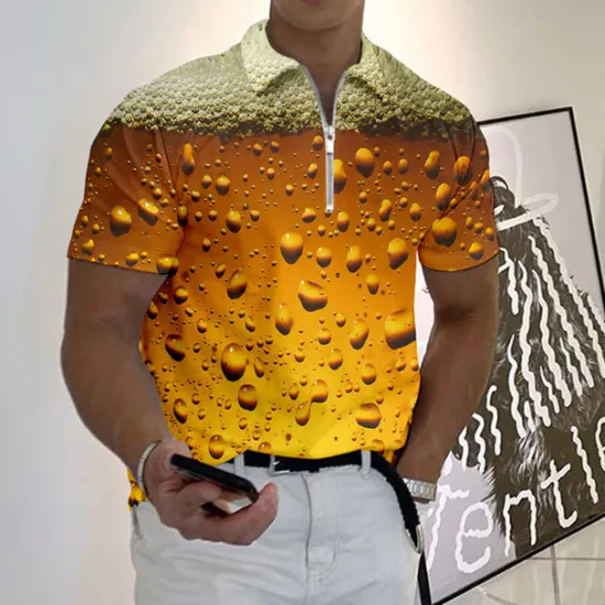 Discount OUKU Oktoberfest Men's Polo Shirt Lapel Polo Zip Polo Golf Shirt Graphic Prints Beer Turndown Blue-Green Yellow Wine Blue Green Outdoor Street Short Sleeves Zipper Print Clothing Apparel Fashion Designer