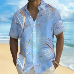 Discount OUKU Men's Palm Leaf Tropical Plants Summer Hawaiian Shirt Button Up Shirt Short Sleeve Hawaiian Resort Vacation Holiday Beach Wear Summer Spring Turndown Collared Shirts Front One Pocket Pink Blue