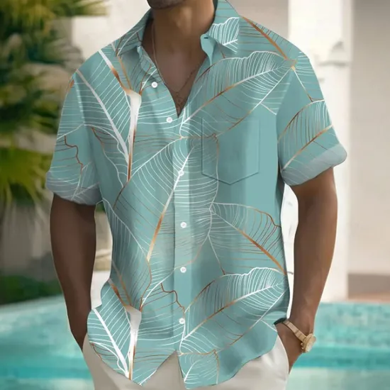 Discount OUKU Men's Palm Leaf Tropical Plants Summer Hawaiian Shirt Button Up Shirt Short Sleeve Hawaiian Resort Vacation Holiday Beach Wear Summer Spring Turndown Collared Shirts Front One Pocket Pink Blue