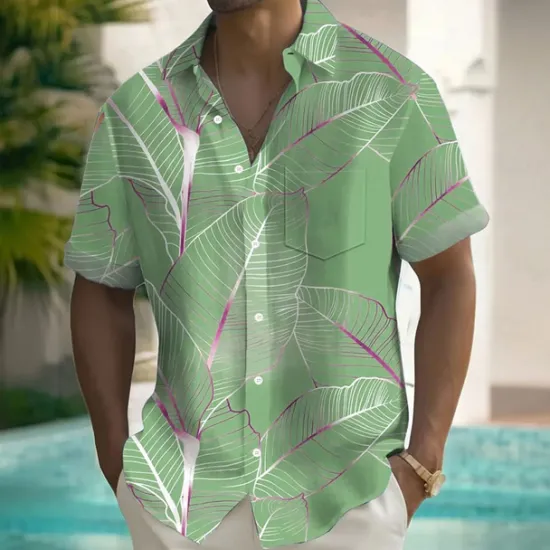 Discount OUKU Men's Palm Leaf Tropical Plants Summer Hawaiian Shirt Button Up Shirt Short Sleeve Hawaiian Resort Vacation Holiday Beach Wear Summer Spring Turndown Collared Shirts Front One Pocket Pink Blue