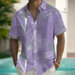 Discount OUKU Men's Palm Leaf Tropical Plants Summer Hawaiian Shirt Button Up Shirt Short Sleeve Hawaiian Resort Vacation Holiday Beach Wear Summer Spring Turndown Collared Shirts Front One Pocket Pink Blue