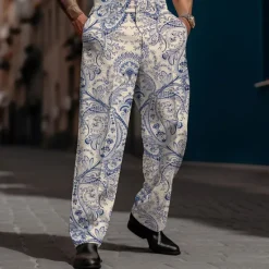 Online OUKU Paisley Vintage Men's 3D Print Dress Pants Pants Trousers Outdoor Street Wear to work Polyester Black White Blue S M L High Elasticity Pants