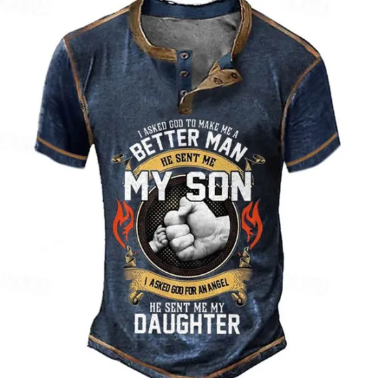 Outlet OUKU Papa Shirts Mens Graphic Shirt Asked God To Make Better Man Sent My Son For Angel Daughter Vintage 3D | Blue Summer Cotton Henley Tee Father'S