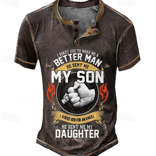 Outlet OUKU Papa Shirts Mens Graphic Shirt Asked God To Make Better Man Sent My Son For Angel Daughter Vintage 3D | Blue Summer Cotton Henley Tee Father'S