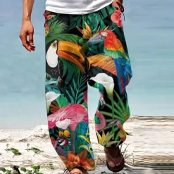 Online OUKU Parrot Tropical Hawaiian Men's Resort 3D Printed Casual Pants Trousers Loose Fit Straight-Leg Elastic Waist Drawstring Polyester Aloha Hawaiian Summer Beach Pants S TO 3XL