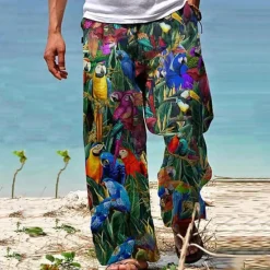 Online OUKU Parrot Tropical Hawaiian Men's Resort 3D Printed Casual Pants Trousers Loose Fit Straight-Leg Elastic Waist Drawstring Polyester Aloha Hawaiian Summer Beach Pants S TO 3XL