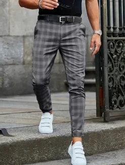 Best OUKU Plaid Business Men's 3D Print Pants Trousers Outdoor Daily Wear Streetwear Polyester Black Blue Khaki S M L Medium Waist Elasticity Pants