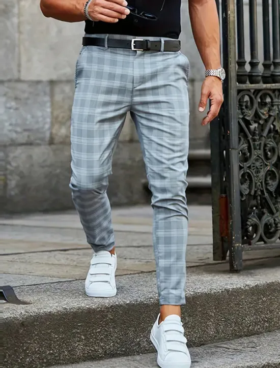 Best OUKU Plaid Business Men's 3D Print Pants Trousers Outdoor Daily Wear Streetwear Polyester Black Blue Khaki S M L Medium Waist Elasticity Pants