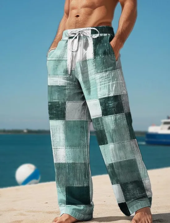 Hot OUKU Plaid Color Block Men's Resort 3D Printed Casual Pants Trousers Elastic Waist Drawstring Loose Fit Straight-Leg Summer Beach Pants S TO 3XL