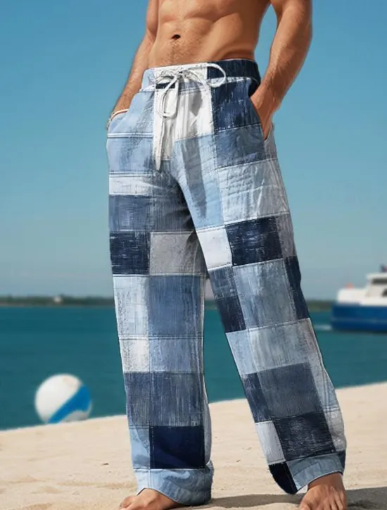 Hot OUKU Plaid Color Block Men's Resort 3D Printed Casual Pants Trousers Elastic Waist Drawstring Loose Fit Straight-Leg Summer Beach Pants S TO 3XL