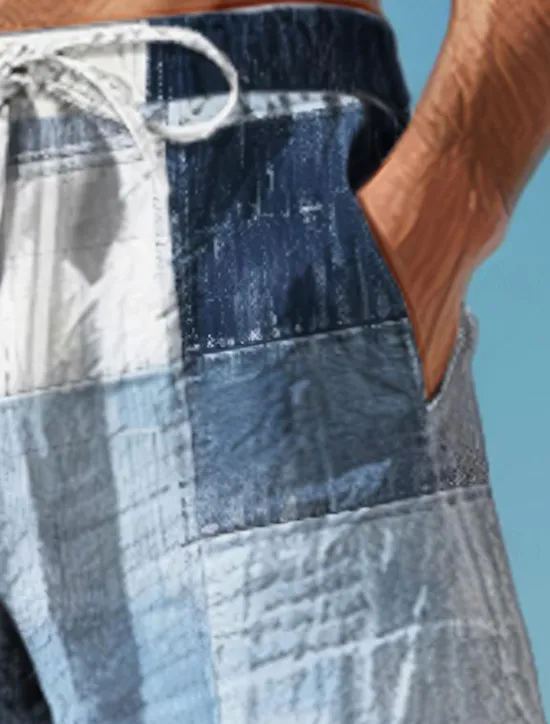 Hot OUKU Plaid Color Block Men's Resort 3D Printed Casual Pants Trousers Elastic Waist Drawstring Loose Fit Straight-Leg Summer Beach Pants S TO 3XL