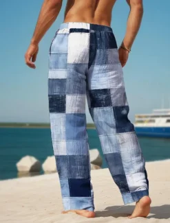 Hot OUKU Plaid Color Block Men's Resort 3D Printed Casual Pants Trousers Elastic Waist Drawstring Loose Fit Straight-Leg Summer Beach Pants S TO 3XL