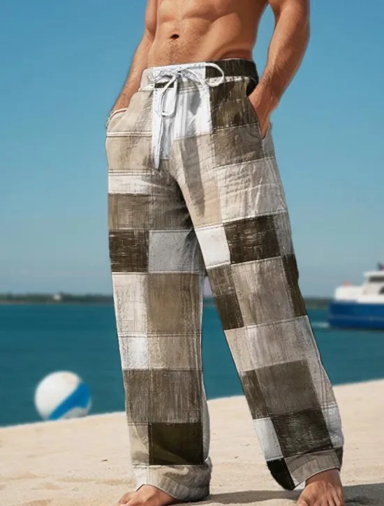Hot OUKU Plaid Color Block Men's Resort 3D Printed Casual Pants Trousers Elastic Waist Drawstring Loose Fit Straight-Leg Summer Beach Pants S TO 3XL