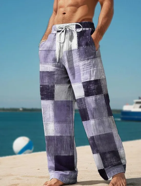 Hot OUKU Plaid Color Block Men's Resort 3D Printed Casual Pants Trousers Elastic Waist Drawstring Loose Fit Straight-Leg Summer Beach Pants S TO 3XL