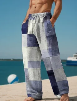 Hot OUKU Plaid Color Block Men's Resort 3D Printed Casual Pants Trousers Elastic Waist Drawstring Loose Fit Straight-Leg Summer Beach Pants S TO 3XL