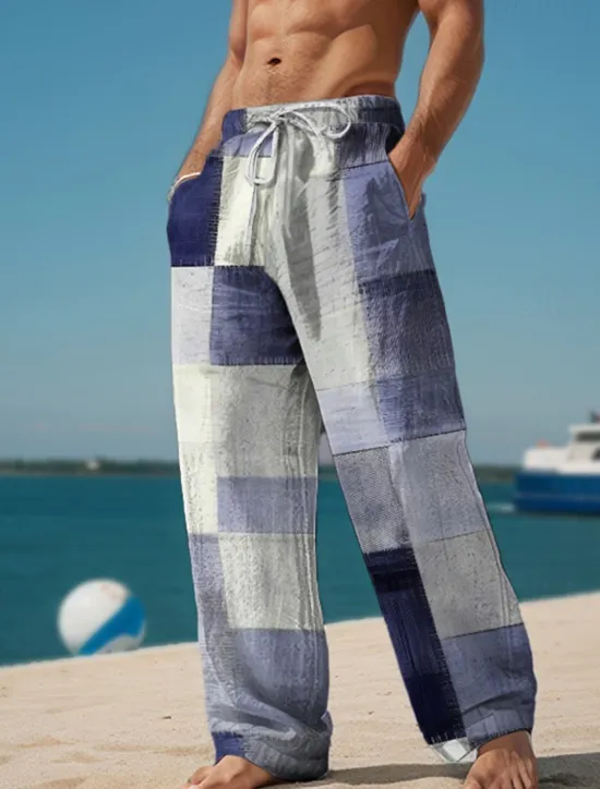 Hot OUKU Plaid Color Block Men's Resort 3D Printed Casual Pants Trousers Elastic Waist Drawstring Loose Fit Straight-Leg Summer Beach Pants S TO 3XL