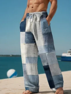 Hot OUKU Plaid Color Block Men's Resort 3D Printed Casual Pants Trousers Elastic Waist Drawstring Loose Fit Straight-Leg Summer Beach Pants S TO 3XL
