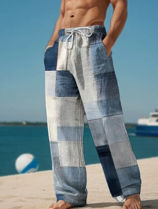 Hot OUKU Plaid Color Block Men's Resort 3D Printed Casual Pants Trousers Elastic Waist Drawstring Loose Fit Straight-Leg Summer Beach Pants S TO 3XL