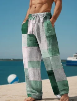 Hot OUKU Plaid Color Block Men's Resort 3D Printed Casual Pants Trousers Elastic Waist Drawstring Loose Fit Straight-Leg Summer Beach Pants S TO 3XL