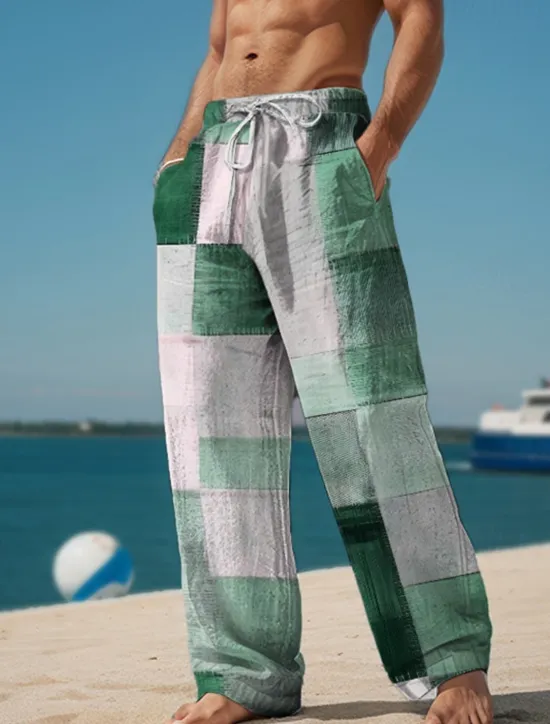 Hot OUKU Plaid Color Block Men's Resort 3D Printed Casual Pants Trousers Elastic Waist Drawstring Loose Fit Straight-Leg Summer Beach Pants S TO 3XL